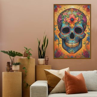 Orange and Blue Flowered Skull